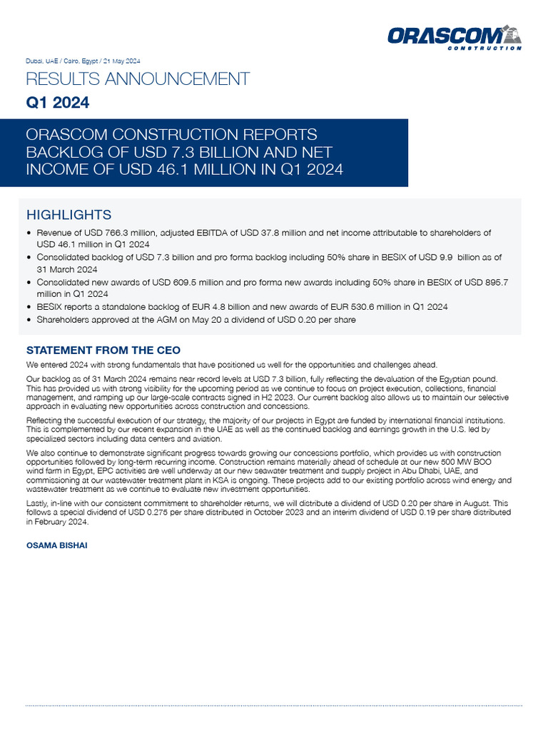 Q1 2024 Results Press Release | PDF | Dividend | United Arab Emirates