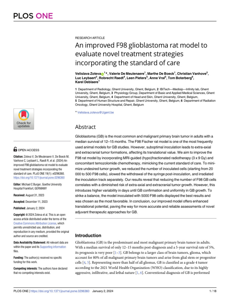 An Improved F98 Glioblastoma Rat Model To Evaluate Novel Treatment ...