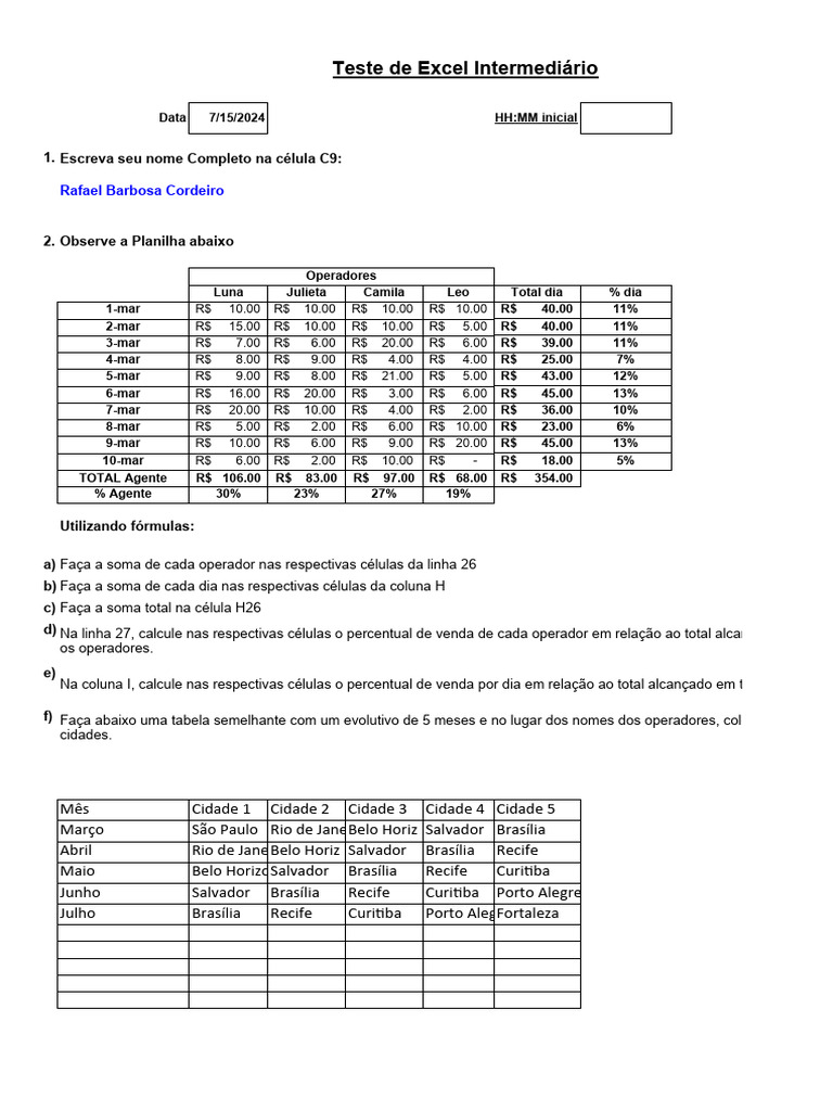Teste de Excel Intermediário | PDF | Microsoft Excel