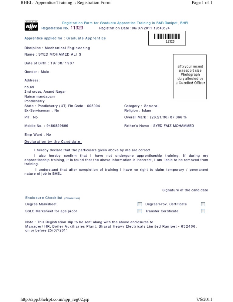 BHEL Graduate Apprentice Registration Form | PDF