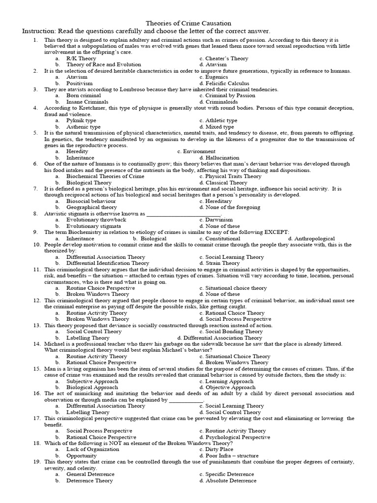 Theories of Crime Causation Exam Guide | PDF | Crimes | Crime & Violence