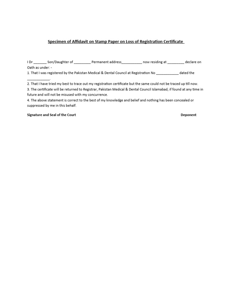 Affidavit for Lost Registration Certificate | PDF