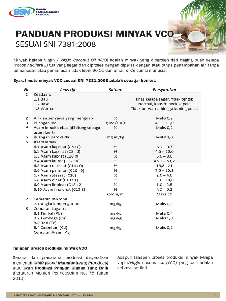 Panduan Pembuatan Minyak VCO SNI 7381:2008 | PDF