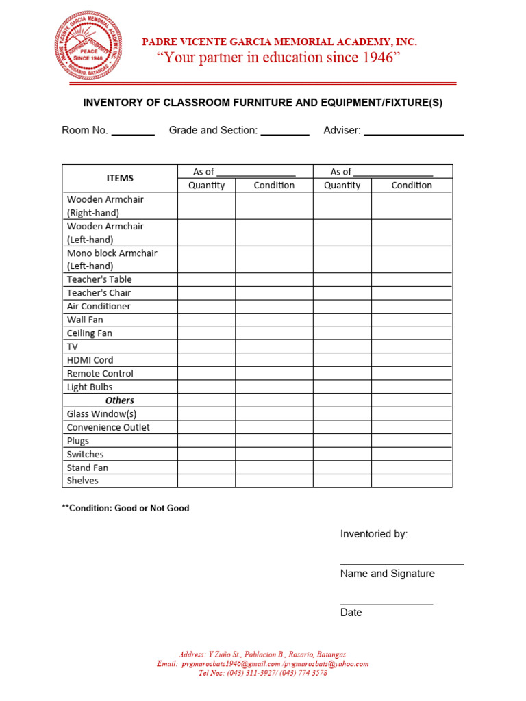 Classroom Furniture Inventory List | PDF