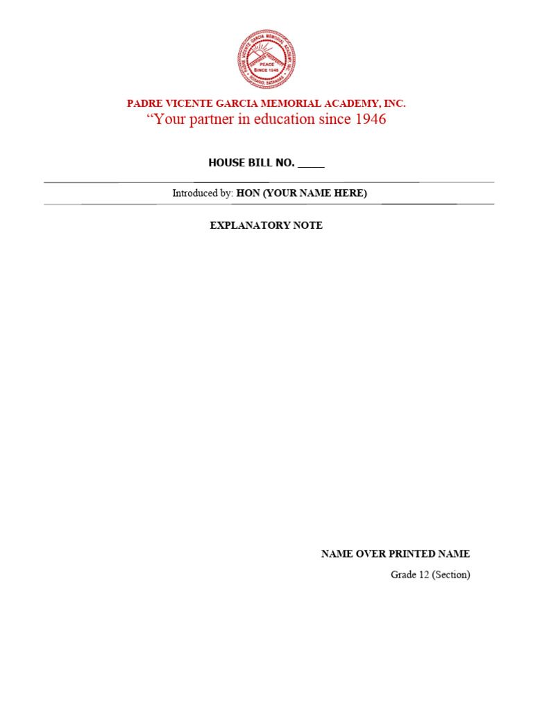 House Bill Explanatory Note Template | PDF