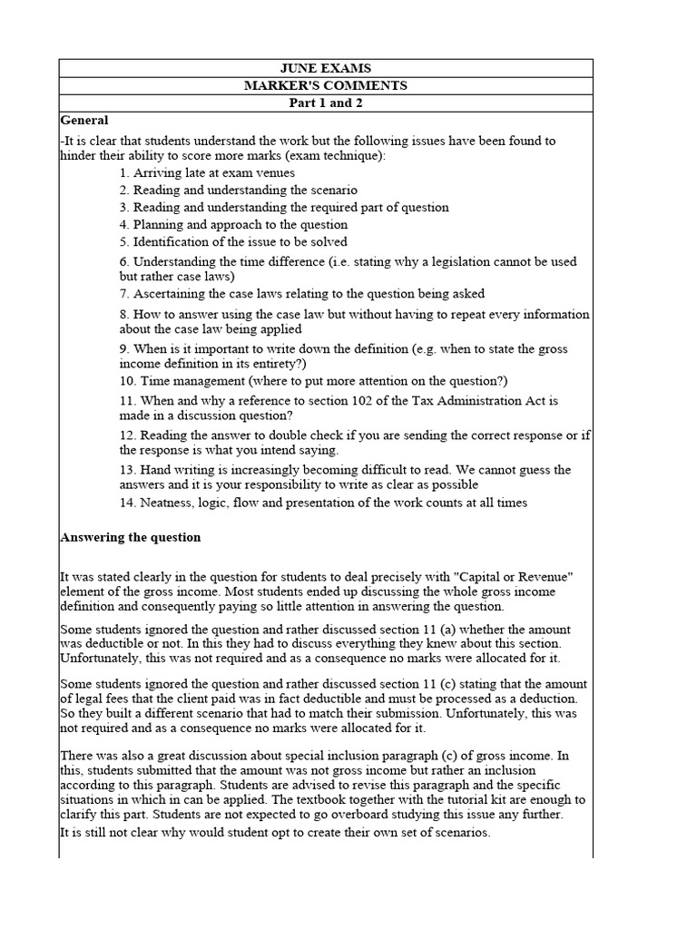 June Exam Marker Comments Summary | PDF | Gross Income | Income