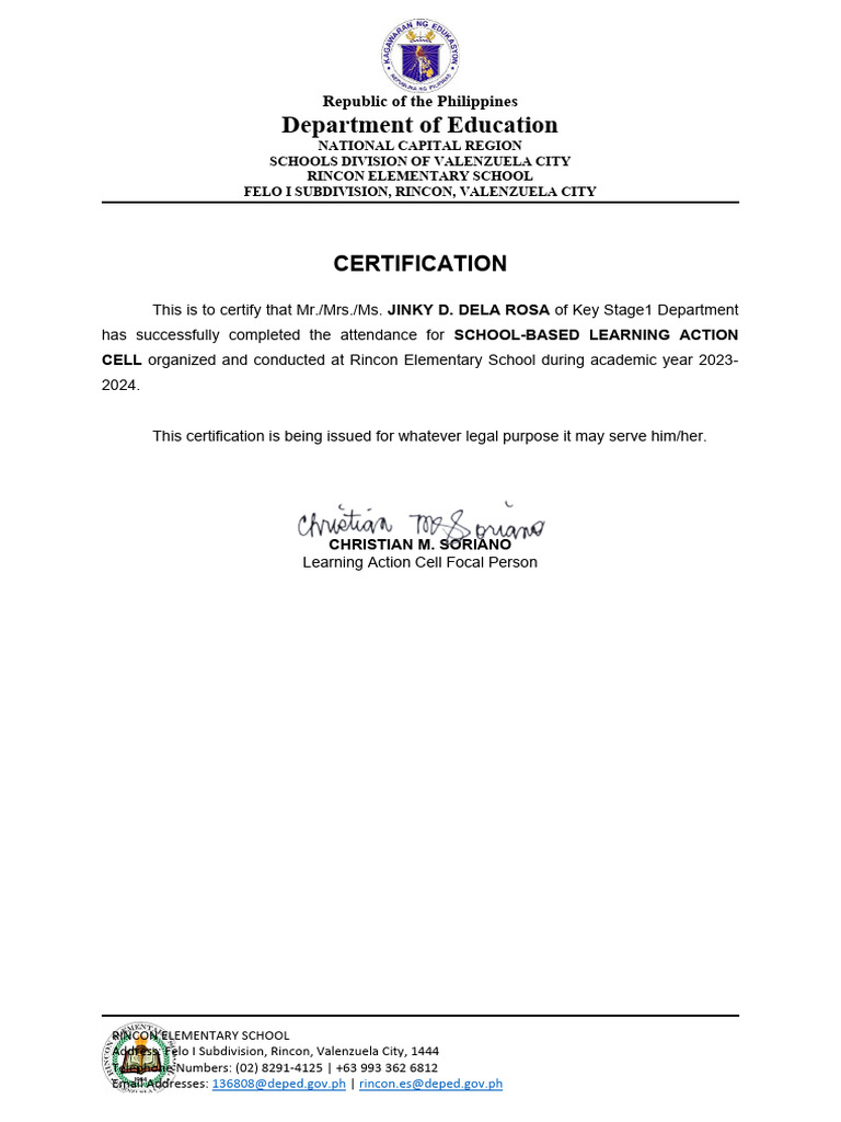 Certification of Attendance at Rincon Elementary | PDF | Social Science