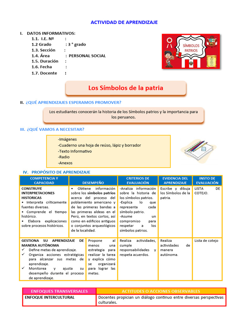 D1 A2 SESION PS. Los Símbolos de La Patria | PDF