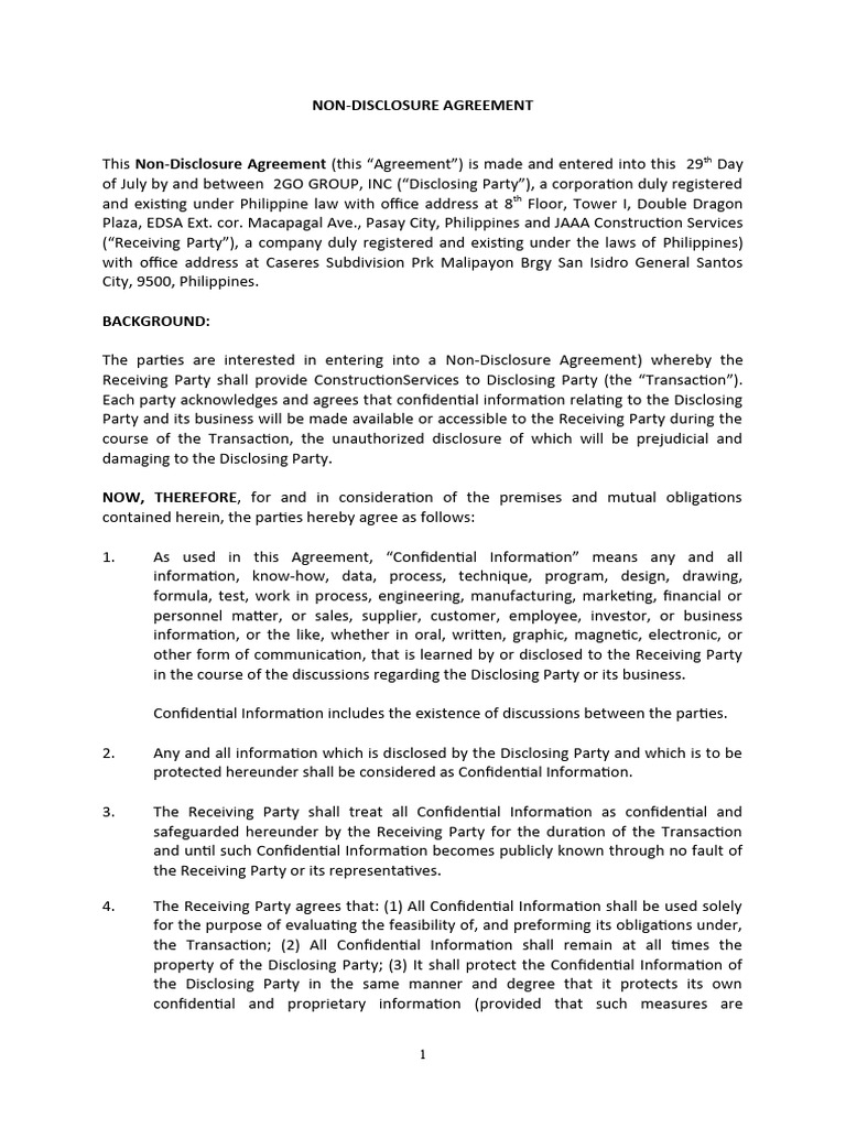 2GO Group Non-Disclosure Agreement | PDF | Breach Of Contract | Non ...