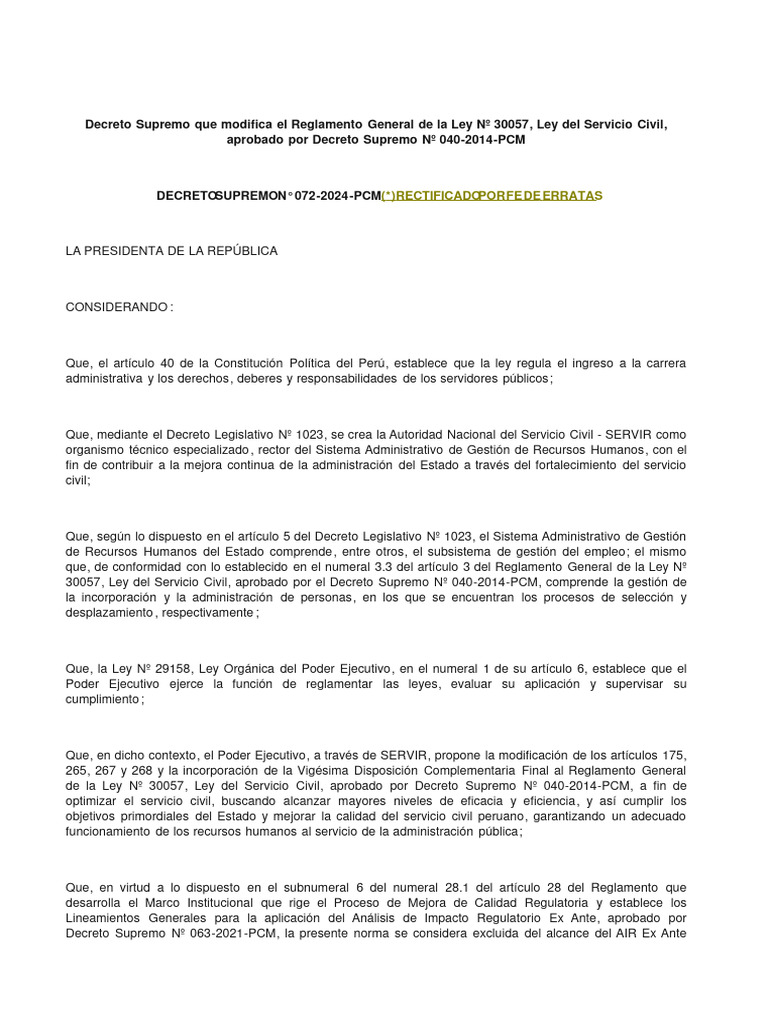 Decreto Supremo Que Modifica El Reglamento General de La Ley #30057 ...