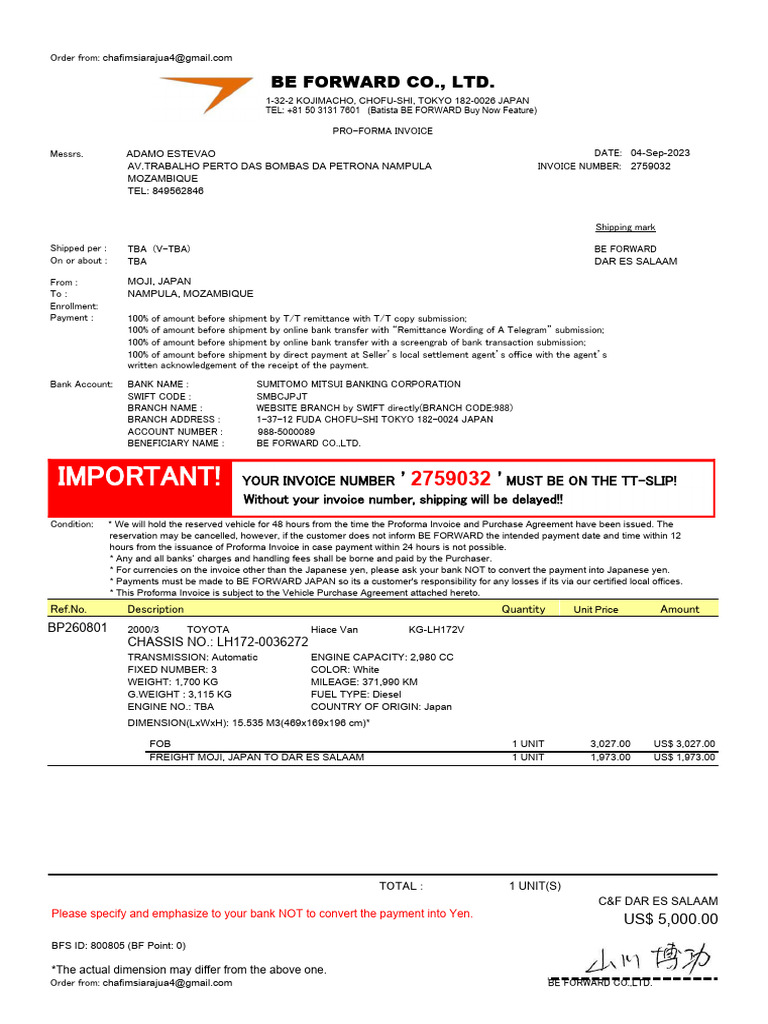 Proforma Invoice for Vehicle Purchase | PDF | Indemnity | Sales