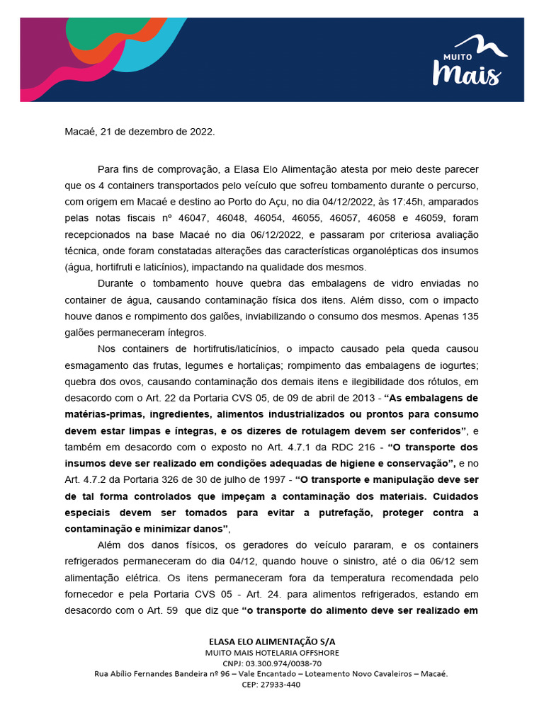 Incidente de Transporte de Alimentos ELASA | PDF | Lacticínios