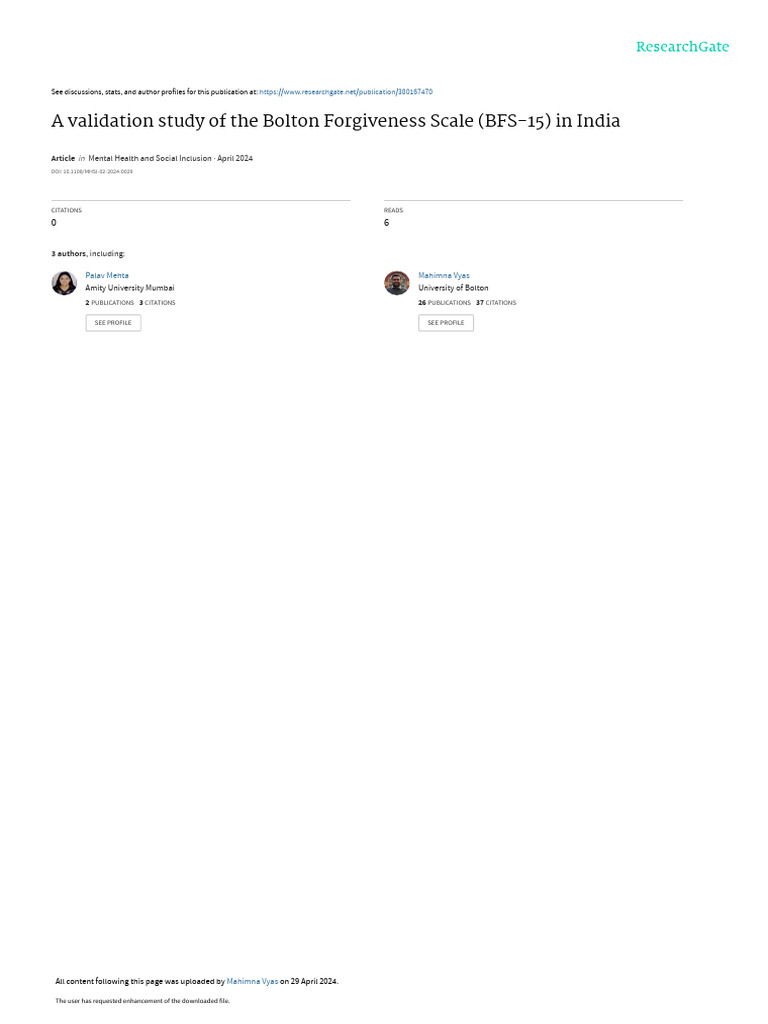 A Validation Study of The Bolton Forgiveness Scale (BFS-15) in India ...