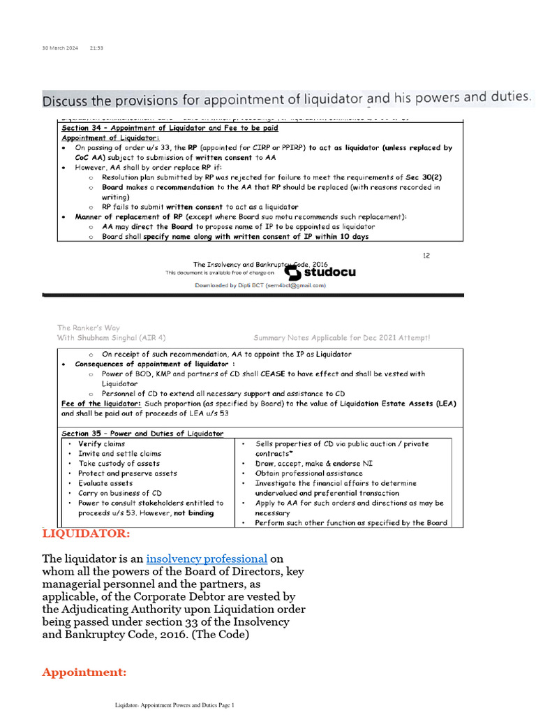 Liqidator - Appointment Powers and Duties | PDF | Bankruptcy | Liquidation