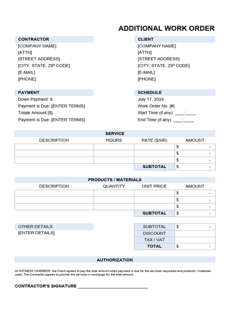 Construction Additional Work Order Template - Free Word Template