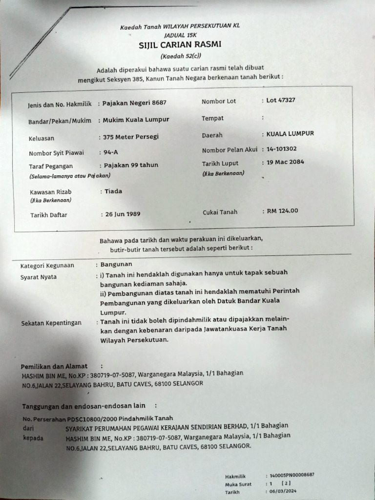 Sijil Carian Rasmi Tanah KL | PDF