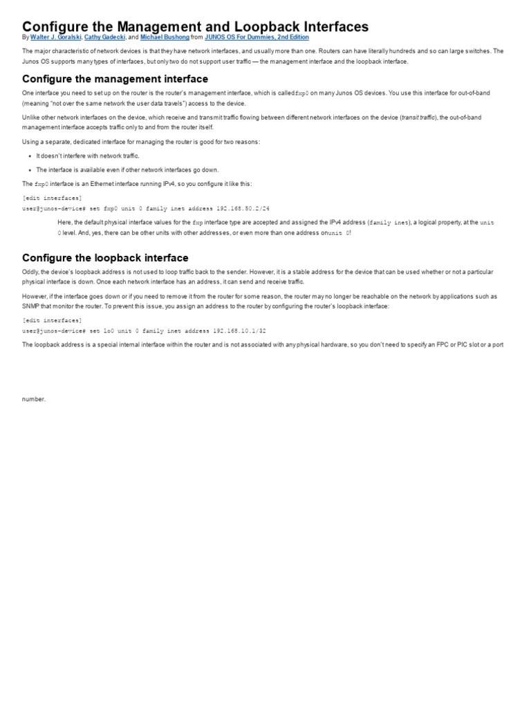 Configure the Management and Loopback Interfaces For Dummies PDF Computer Network