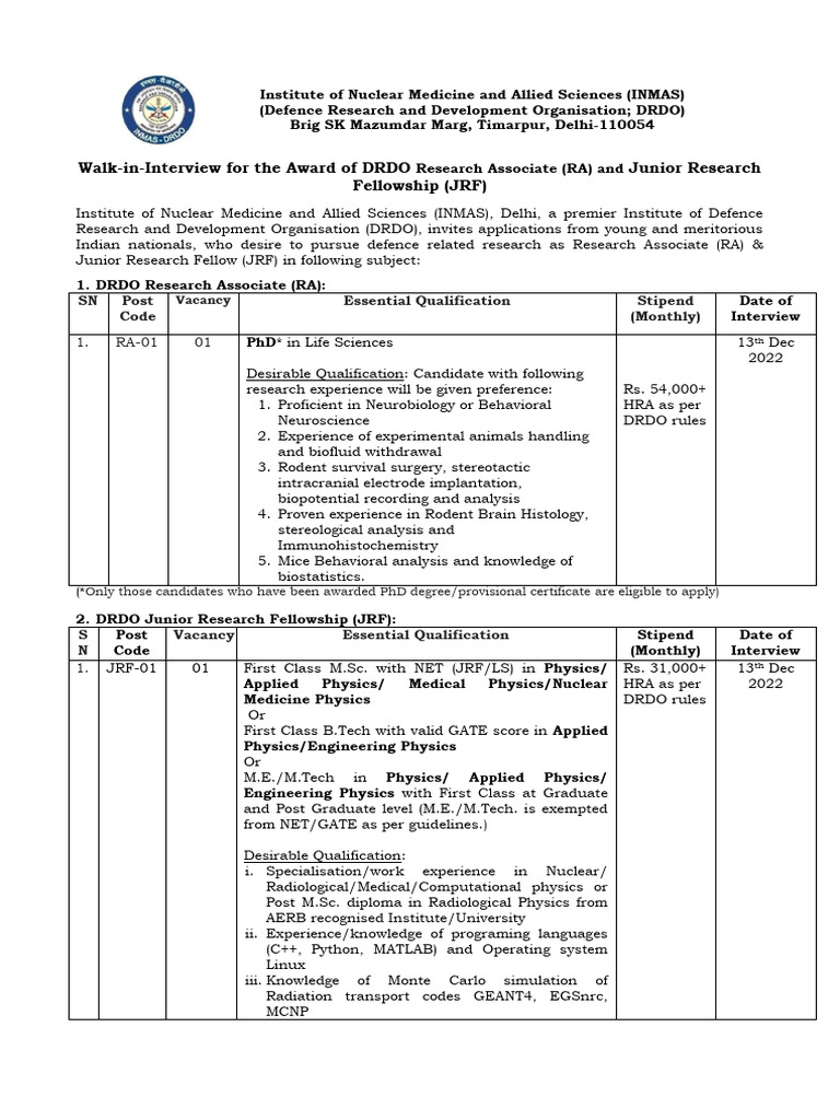 INMAS DRDO RA & JRF Walk-in Interview | PDF