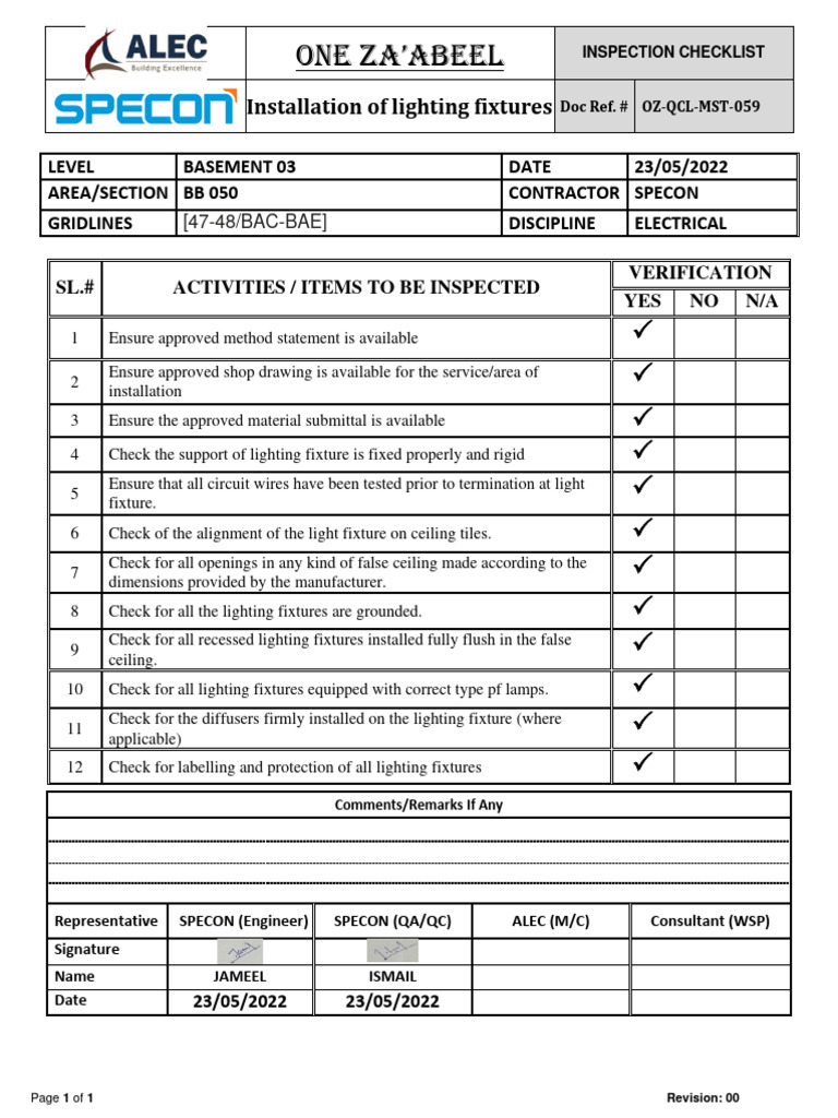 Electrical Inspection Checklist | PDF | Lighting | Building Technology