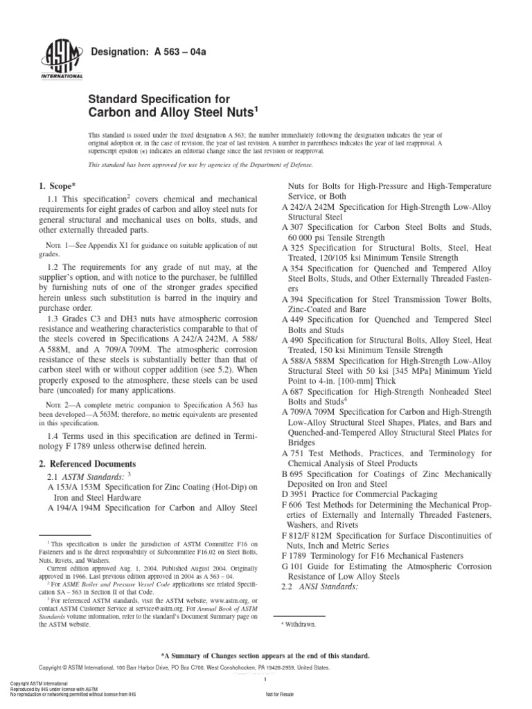 ASTM A563-04a | PDF | Screw | Steel