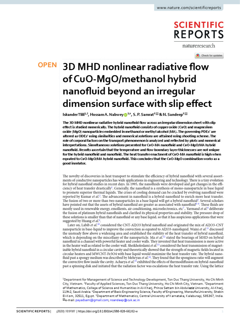 3D MHD Flow of CuO-MgO Nanofluid | PDF | Heat Transfer ...