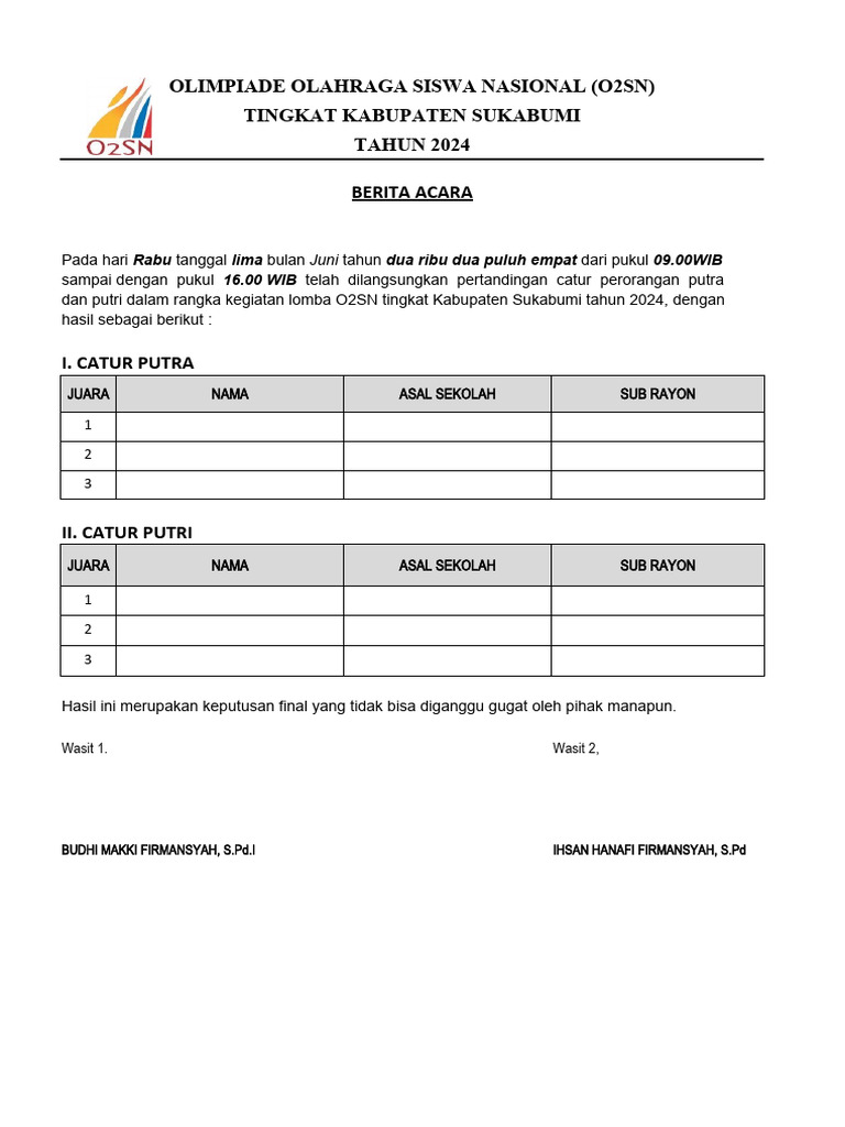 Berita Acara Lomba Catur O2SN 2024 | PDF