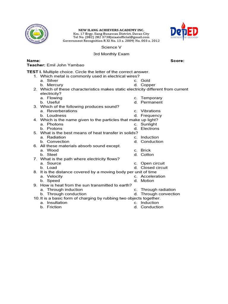 Science 5 3rd Mothly Exam | PDF | Electromagnetic Radiation | Light