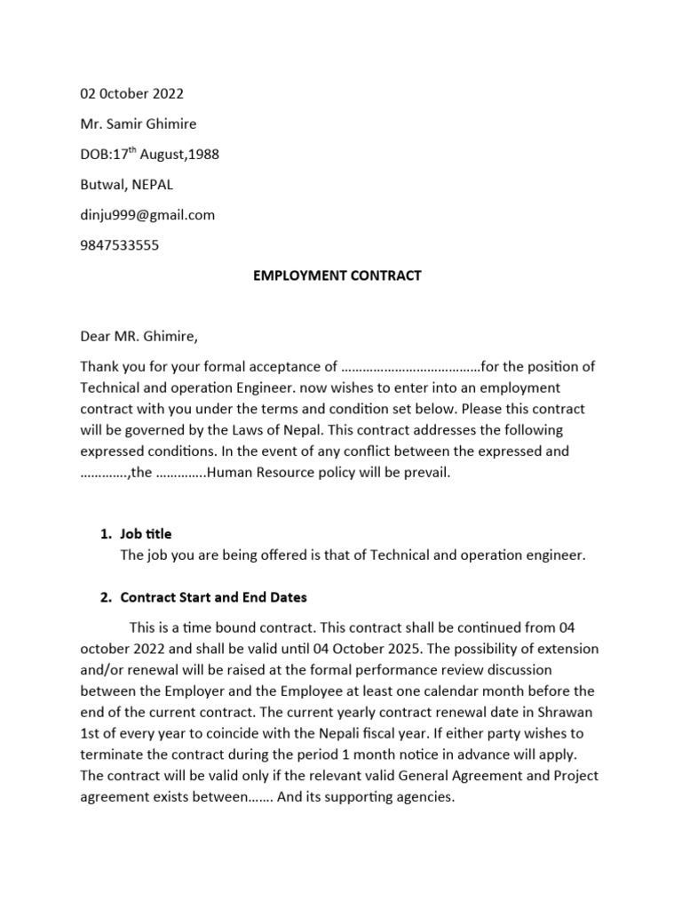 Contract Paper For Technical and Operation Manager | PDF | Salary ...