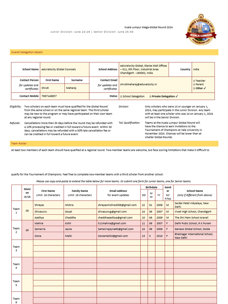 WSC Kuala Lumpur Global Round 2024 Registration Form | PDF