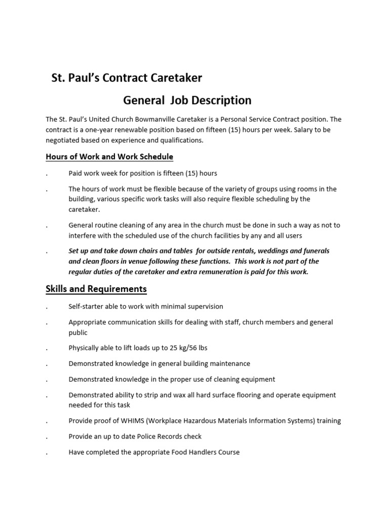 St. Paul's Church Caretaker Job Description | PDF | Vacuum Cleaner ...