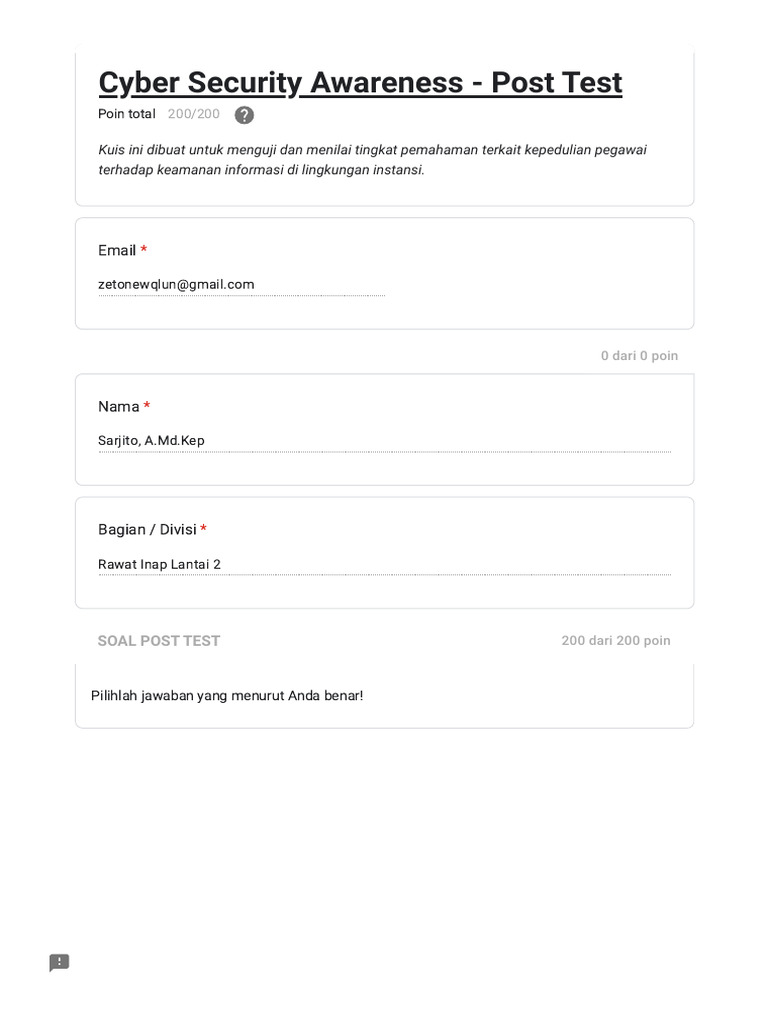 Cyber Security Awareness - Post Test | PDF | Komputer