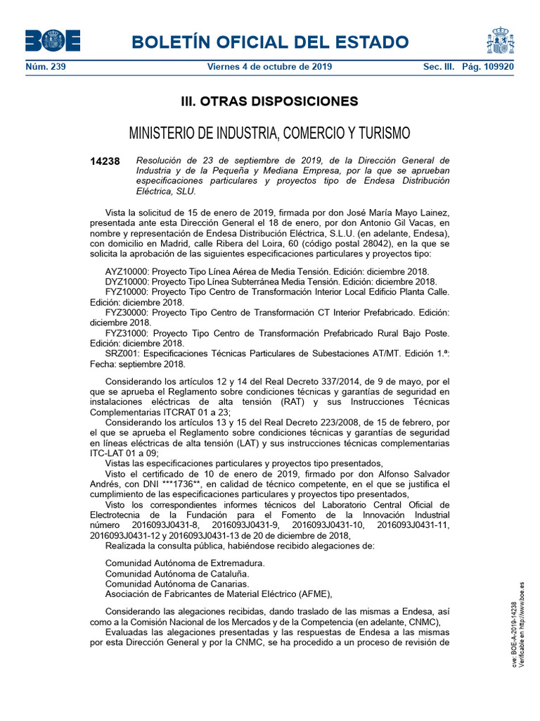 Aprob - Ep y Proyectos Tipo Boe-A-2019-14238 | PDF | Subestacion electrica