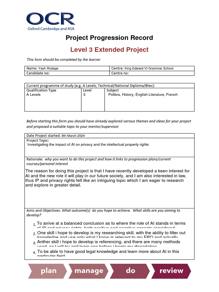Level 3 Project Progress Record Form | PDF | Artificial Intelligence ...
