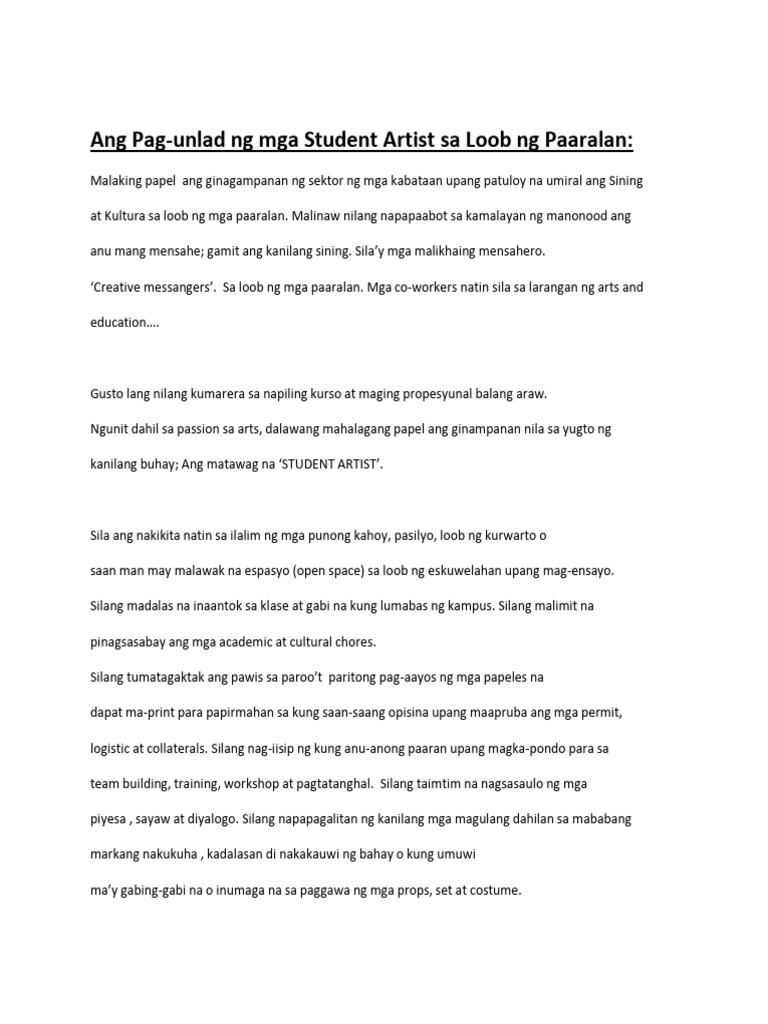 Pag-Unlad NG Mga Student Artist Sa Loob NG Paaralan | PDF