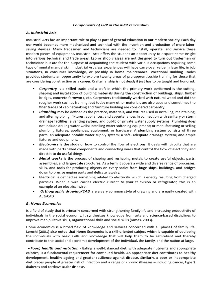 EPP Components in K-12 Curriculum | PDF | Agriculture | Entrepreneurship