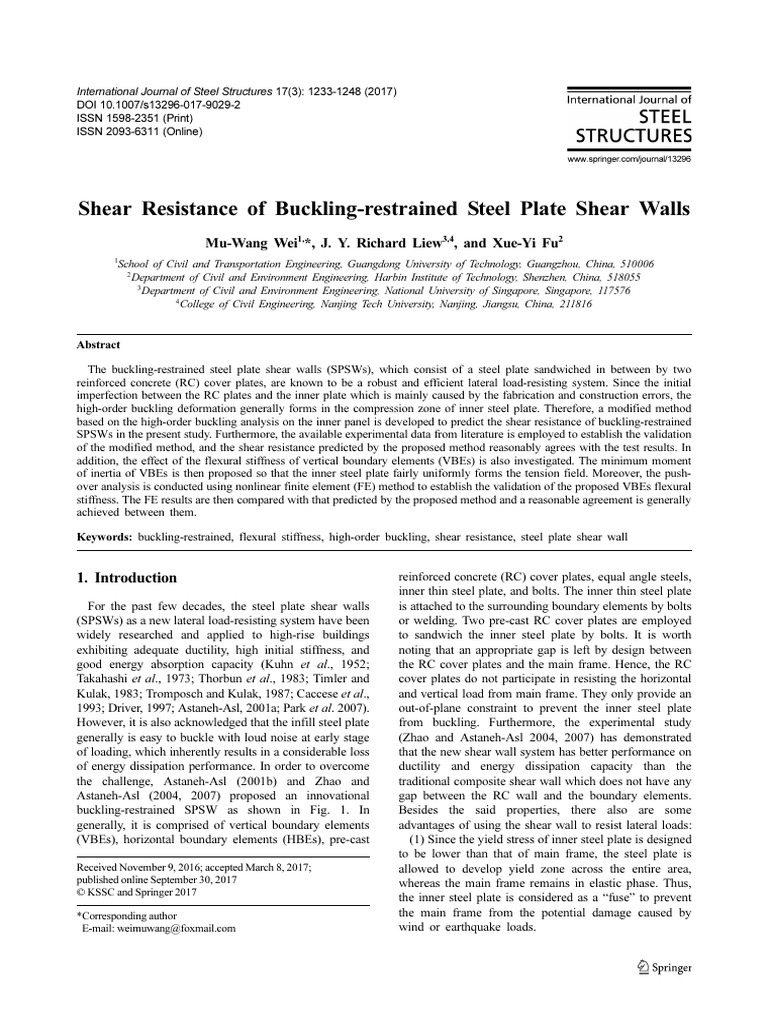 Shear Resistance of Buckling-Restrained Steel Plate Shear Walls | PDF ...