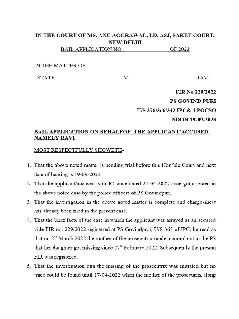 Bail Application for Ravi in IPC 376 Case | PDF | Prosecutor | Bail