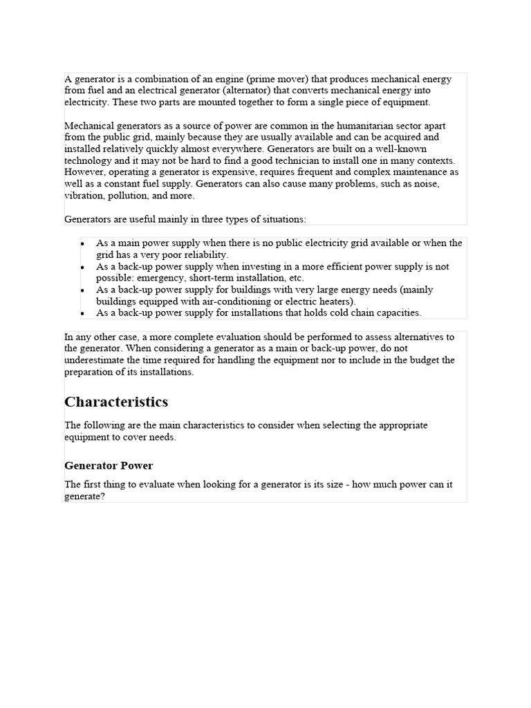 Generator Selection Guide for Power Needs | PDF | Electric Generator ...