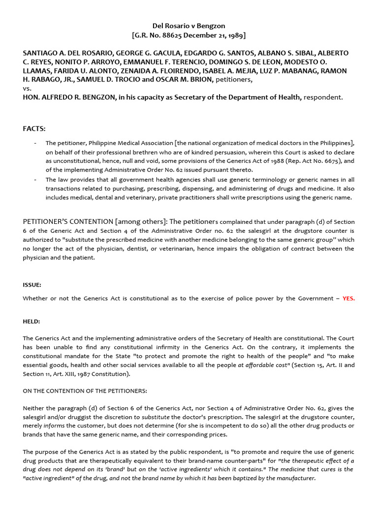 Del Rosario v Bengzon: Generics Act Ruling | PDF | Generic Drug ...