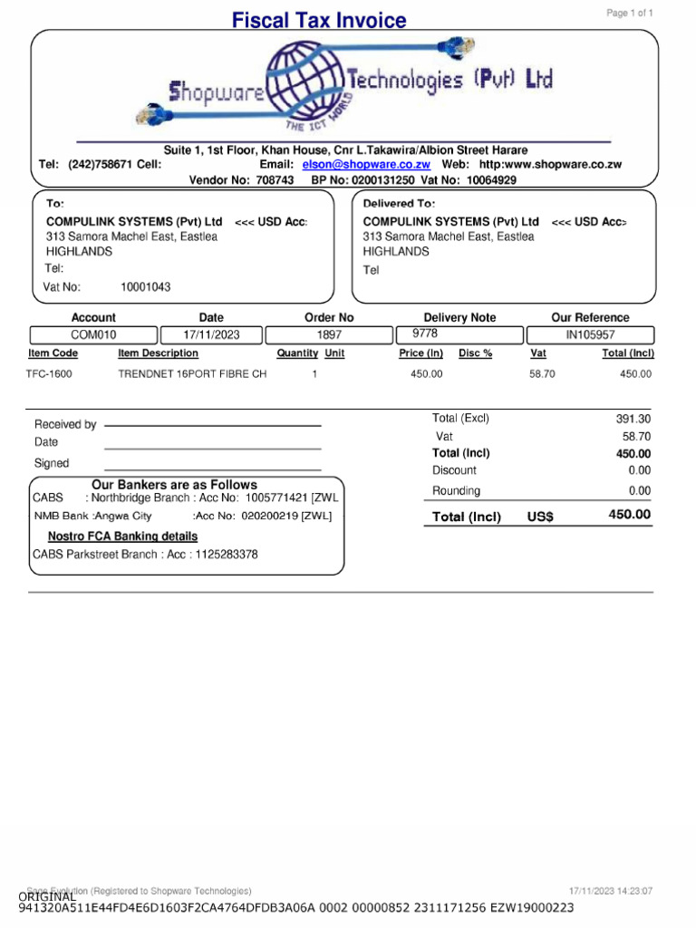 Fiscal Tax Invoice USD SERVER 197 | PDF