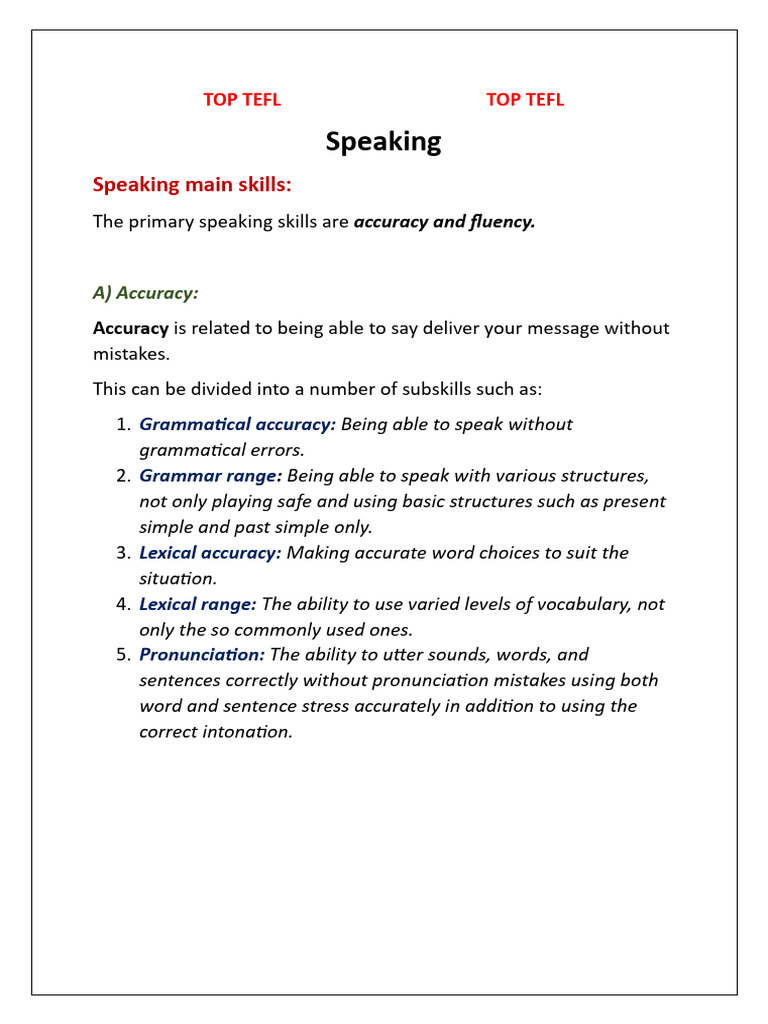 Essential Speaking Skills for TEFL | PDF | Vocabulary | Fluency