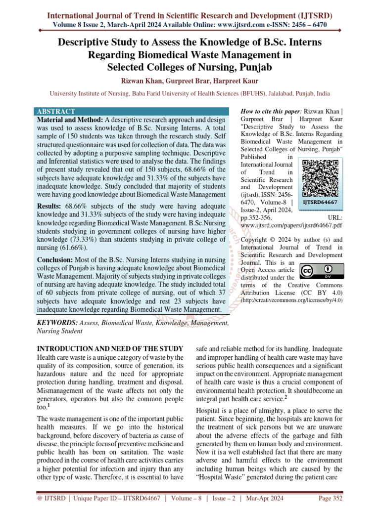 Descriptive Study To Assess The Knowledge of B.Sc. Interns Regarding ...