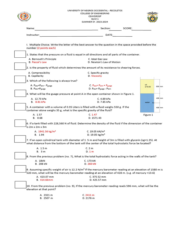 Fluid Mechanics Quiz - Summer 2023-2024 | PDF | Pressure | Fluid