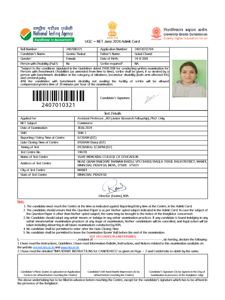 NET Admit Card | PDF | Identity Document