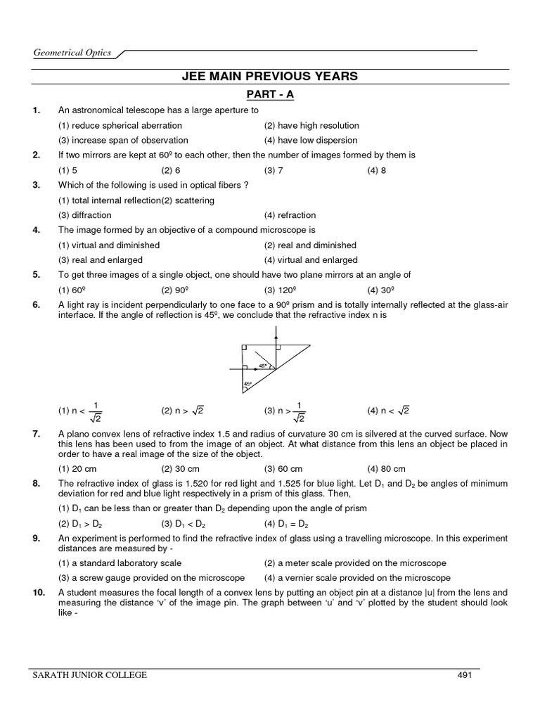JEE Main Ray Optics Previous Year Questions | PDF | Optics ...