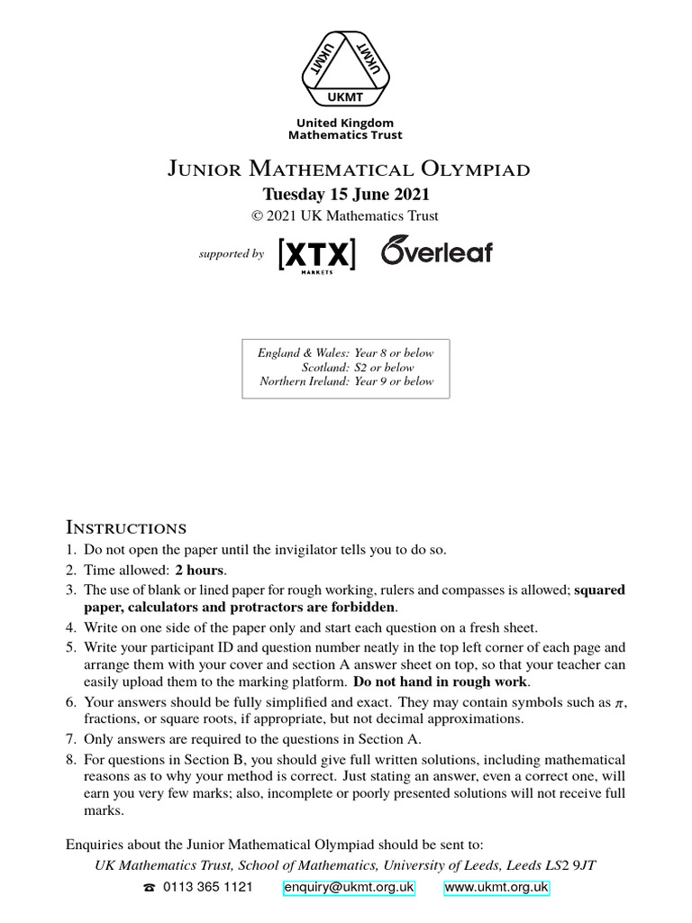 JMO 2021 Exam Instructions and Questions | PDF | Mathematics ...