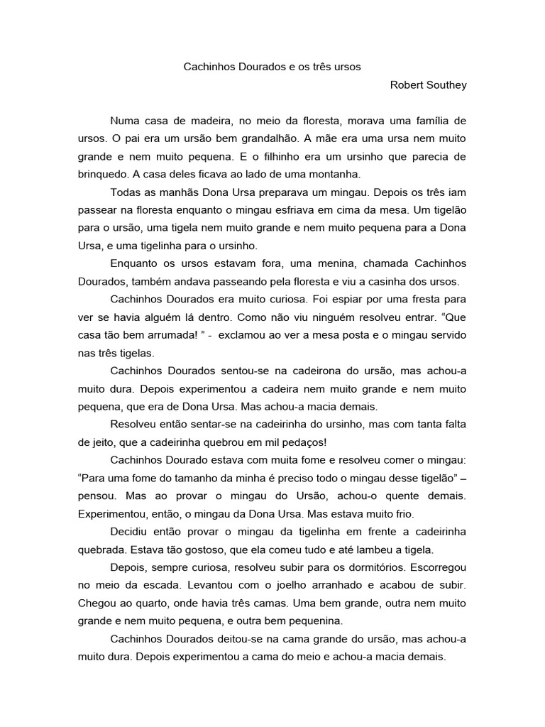 Cachinhos Dourados E Os Três Ursos Pdf Cachinhos Dourados E Os Três