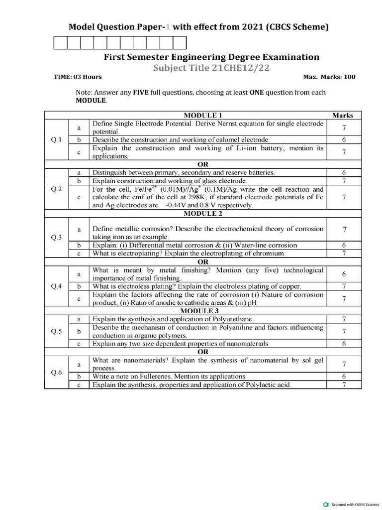 21CHE12 22 Engineering Chemistry Model Question Paper 1 | PDF