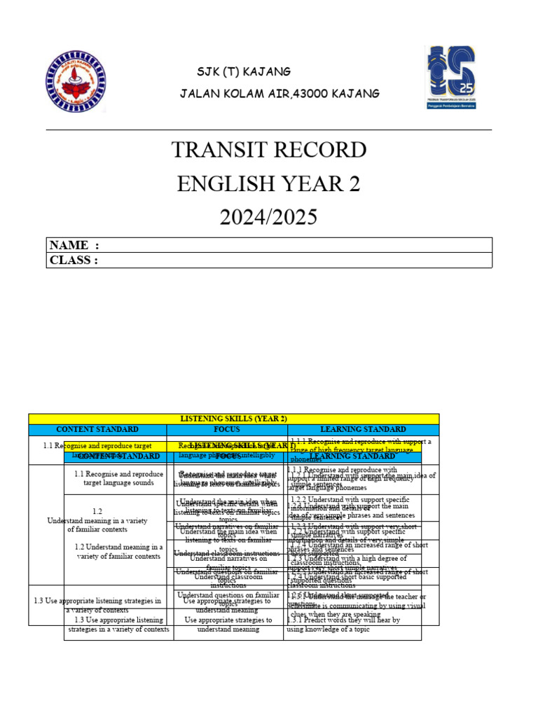 Year 2 Listening Skills Assessment | PDF | Translations | Information