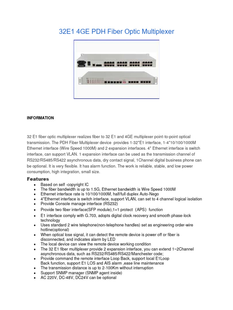 32E1 4GE PDH Fiber Optic Multiplexer | PDF | Ethernet | Optical Fiber